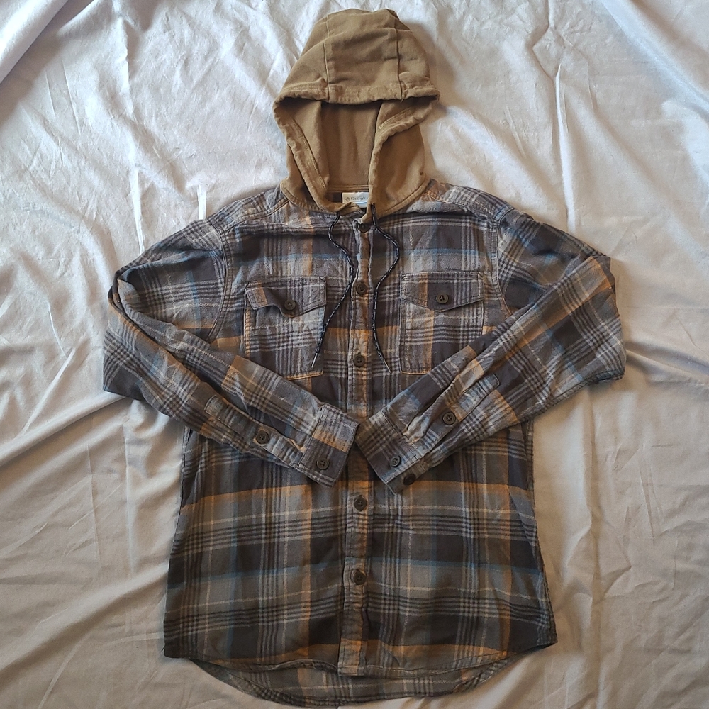 Mens Columbia Hooded Plaid Shirt, Gray, Size SMALL